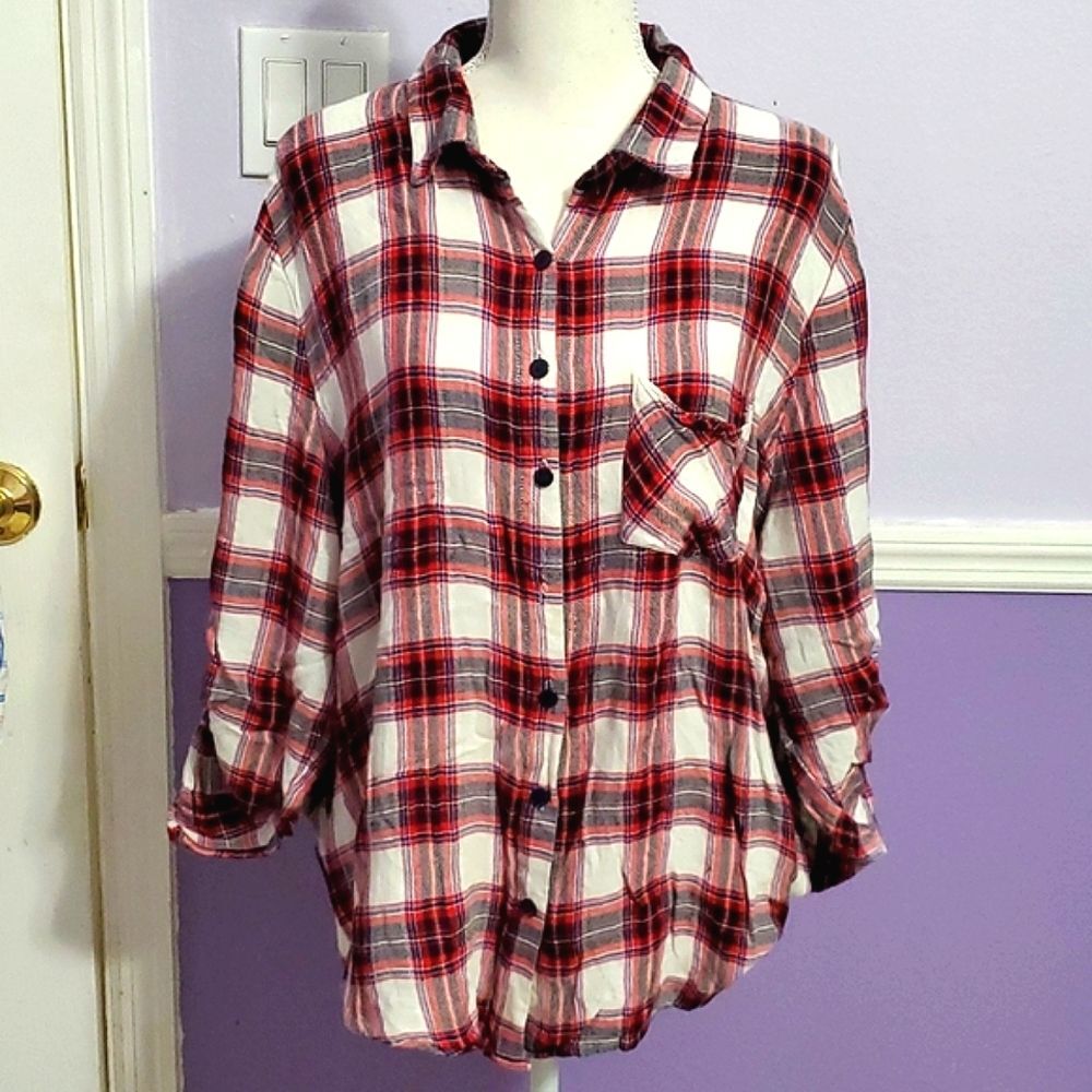 One Urban Day by Buckle Red Plaid Back Lace Rodeo Festival Button Down Shirt 2X